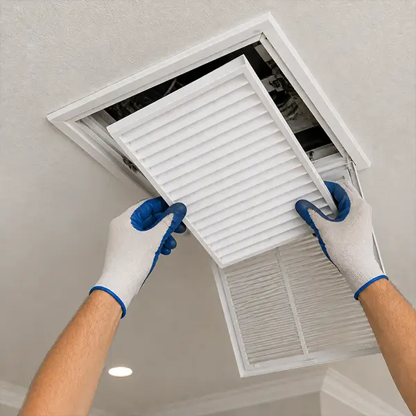 Air filter change service with technician replacing dirty filter with new one in Houston Texas