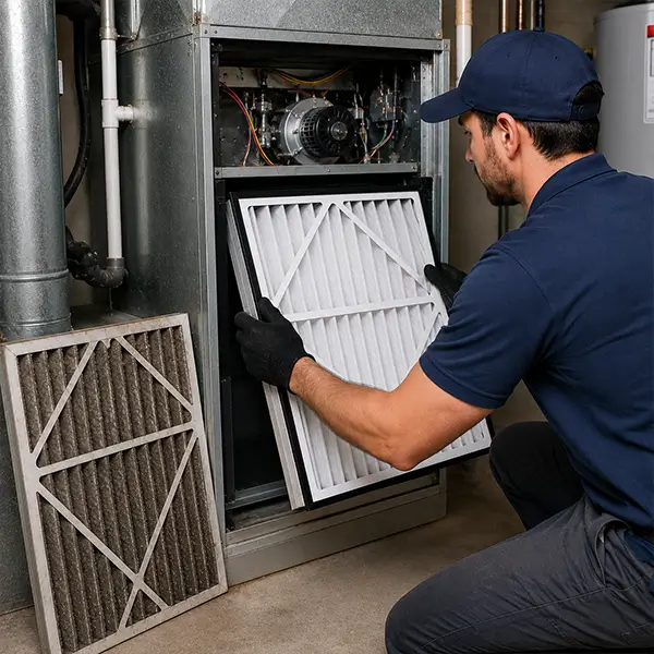 Professional HVAC technician replacing media filter in residential HVAC system