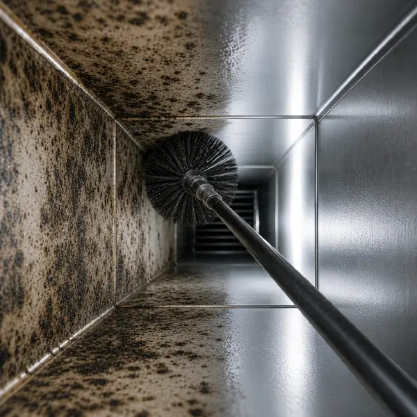 Air duct mold cleaning with rotating brush