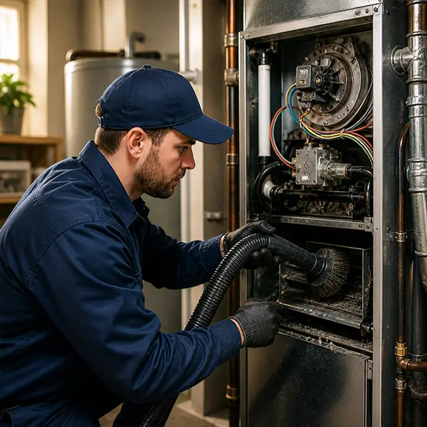 Professional HVAC technician cleaning a residential furnace using a vacuum hose to remove dust and debris