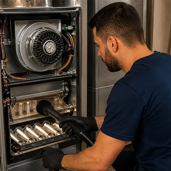 Technician cleaning furnace interior for efficient heating performance